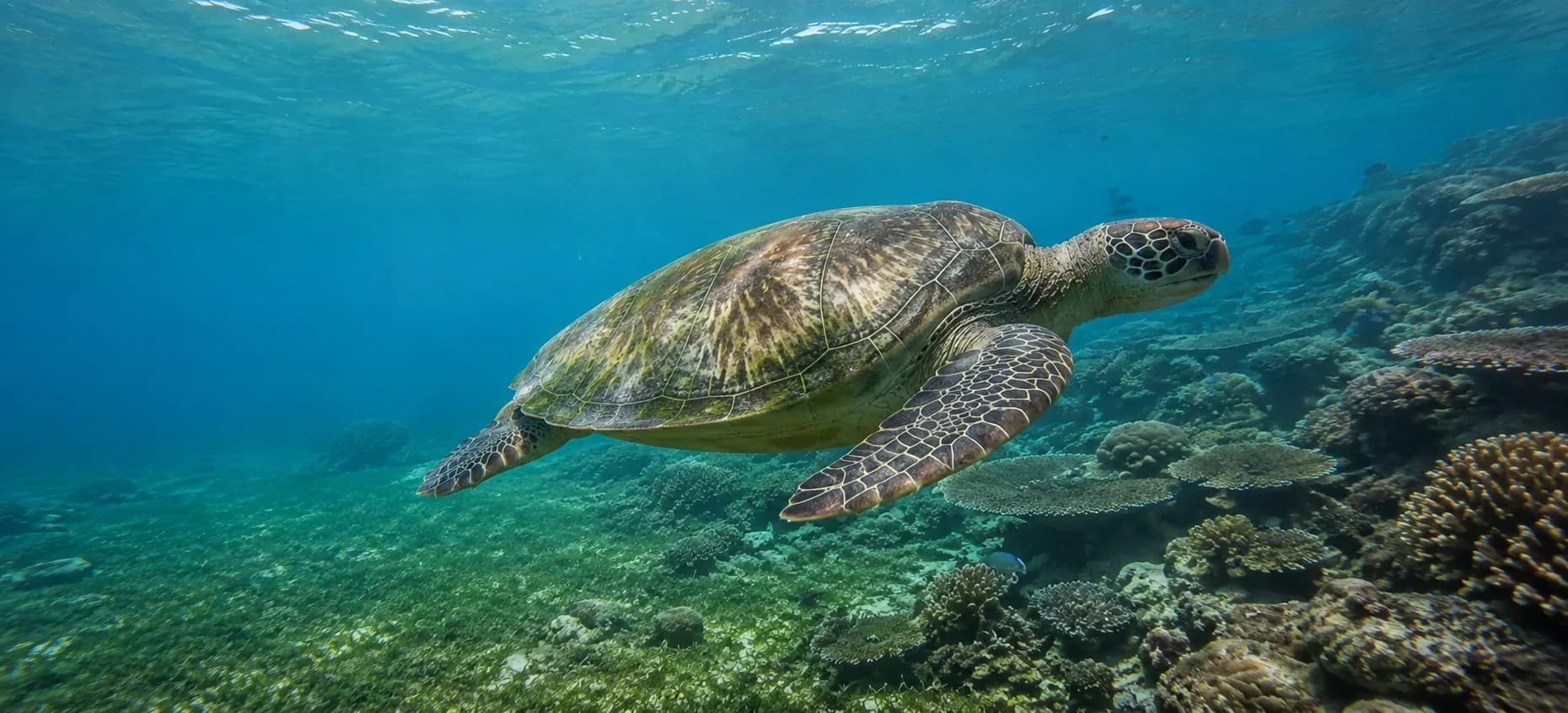 A green sea turtle gliding over the coral and seagrass habitat at Tulapos