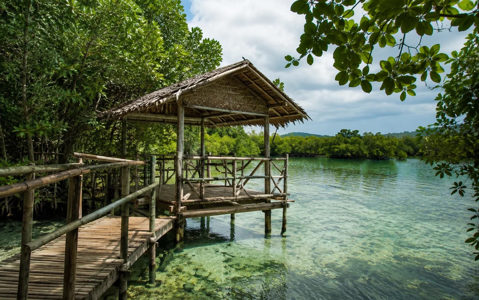 The bamboo viewing deck beside the mangroves at Tulapos Marine Sanctuary